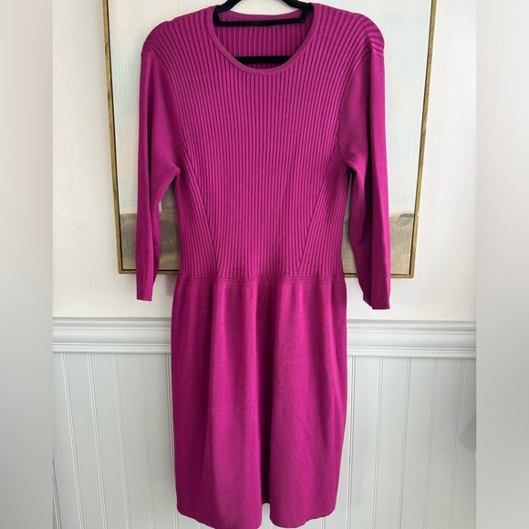 J. McLaughlin Dresses & Skirts - J MCLAUGHLIN Magenta Long Sleeve Ribbed Flare Stretch Knit Dress Size Medium
